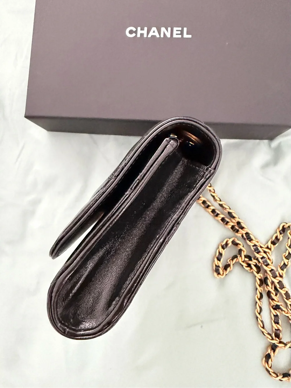 CHANEL Black Quilted Patent Leather Mini Flap with Gold Hardware
